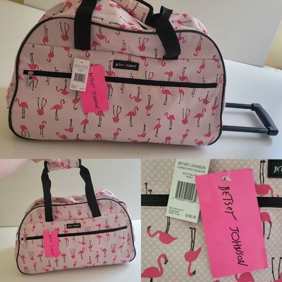 Betsey Johnson Handbags - $160 LARGE NEW BETSEY JOHNSON PINK FLAMINGO CARRYON ROLLING TRAVEL BAG BLACK NWT